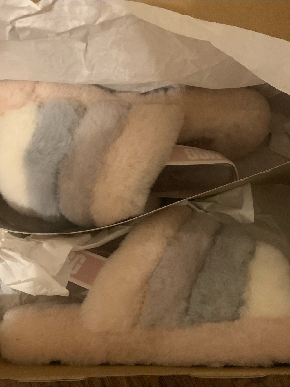 UGG Pastel Stripe Fluff Slide in Cream, Light Blue, Blush